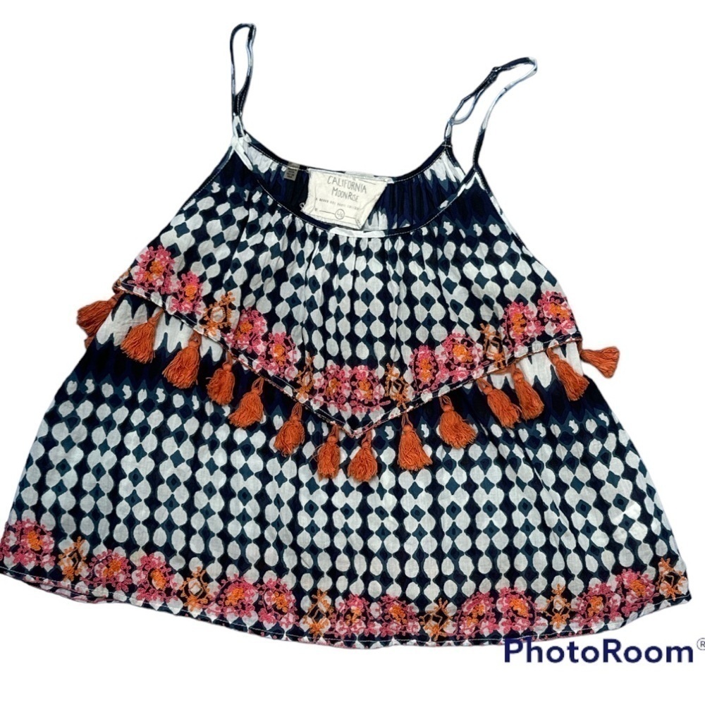 California Moonrise Embroidered Tassel Tank Top Multicolor